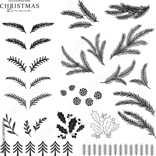 モミの枝葉のシルエットイラスト・クリスマスセット
