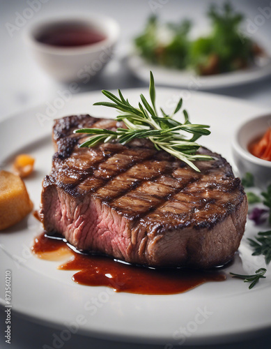 perfectly grilled steak, bright background, ad shot for menu