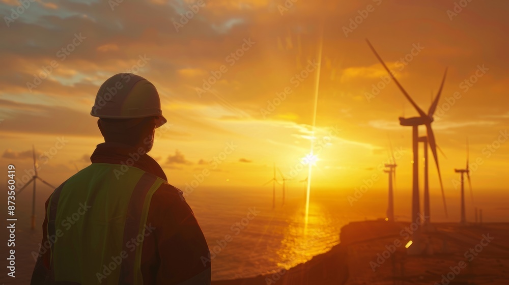 Fototapeta premium Engineers working during sunset, with golden light illuminating the turbines and the sea generative ai