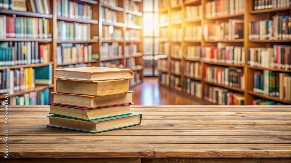Wooden table with books stacked on top against a blurry library background , library, background, books, wooden, table Wooden table with books stacked on top against a blurry library background , library, background, books, wooden, table