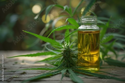 Glass bottle of cbd oil is placed alongside fresh cannabis leaves, against a natural, blurred background photo