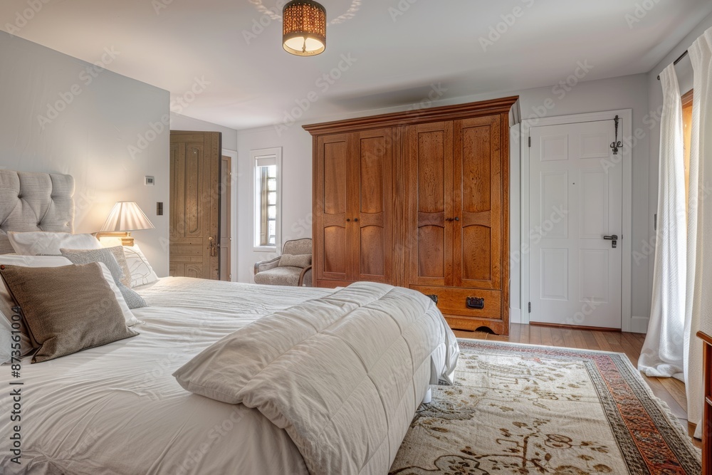 Luxury bedroom with double bed and wooden wardrobe. Northwest, USA Luxury bedroom with double bed and wooden wardrobe. Northwest, USA