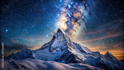 Snow covered mountain peak shining under starry sky, mountain, peak, snow, shining, starry sky, winter, landscape, nature, cold