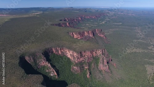 Aerial view of sandstone cliffs of Chapada dos Guimãraes - Chapada dos Guimarães, Mato Grosso, Brazil photo