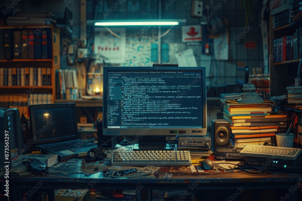 Computer monitor sitting on a desk with a keyboard Computer monitor sitting on a desk with a keyboard