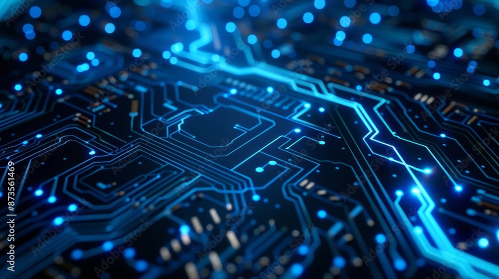 Thin circuit tracing lines in blue on a dark technology background generative ai Thin circuit tracing lines in blue on a dark technology background generative ai