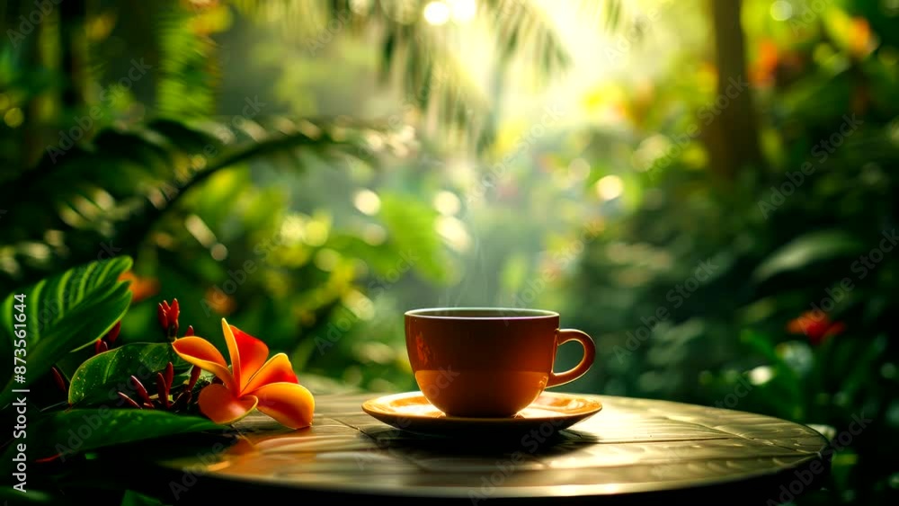 Cup of coffee on table surrounded by lush tropical plants and flowers. Tranquil nature concept Cup of coffee on table surrounded by lush tropical plants and flowers. Tranquil nature concept