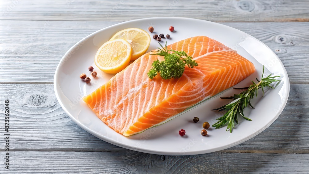 Fresh salmon fillet on a white plate , seafood, healthy, raw, organic, gourmet, cooking, cuisine, omega-3, protein, delicious Fresh salmon fillet on a white plate , seafood, healthy, raw, organic, gourmet, cooking, cuisine, omega-3, protein, delicious