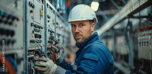 Industrial Electrician Working on Electrical Panel in a Factory