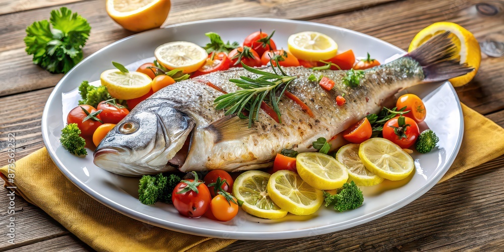 Freshly cooked fish dish served with vegetables and lemon, seafood, dinner, tasty, healthy, gourmet, meal, cooked, delicious Freshly cooked fish dish served with vegetables and lemon, seafood, dinner, tasty, healthy, gourmet, meal, cooked, delicious