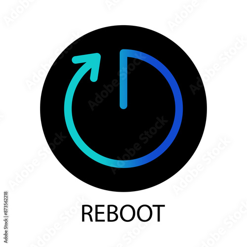 Reboot icon illustration. Blue gradient arrow. Black circle background. Text label included.