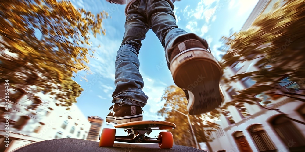 Guys point of view of him cruising on a skateboard, Low section of man skateboarding on footpath Guys point of view of him cruising on a skateboard, Low section of man skateboarding on footpath