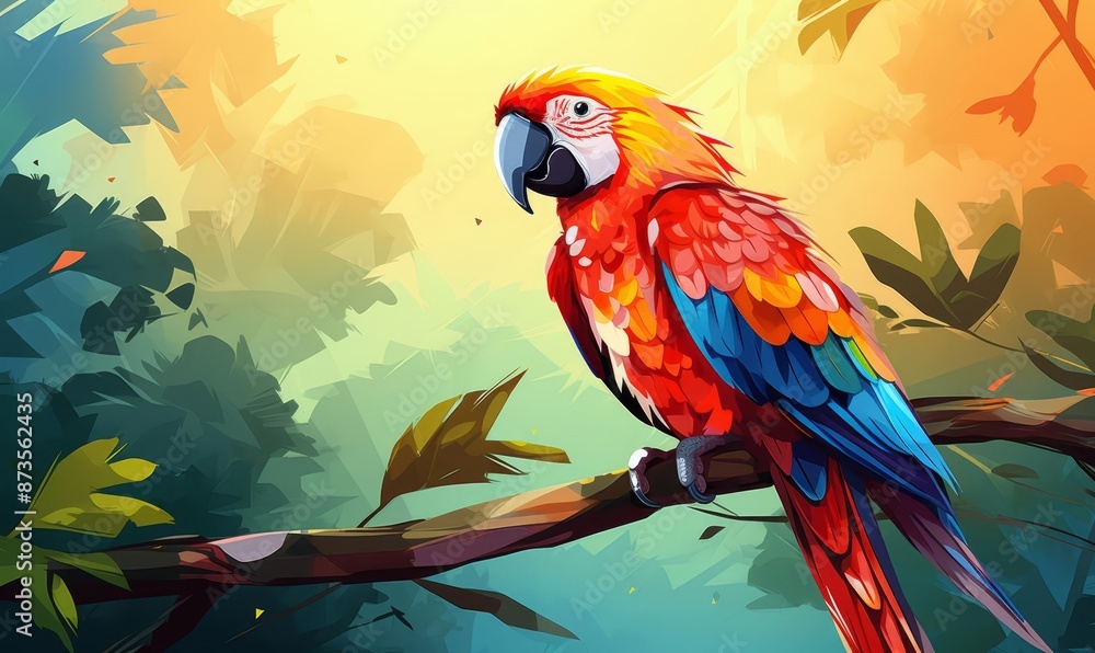 Fototapeta premium Parrot clinging sideways on a branch flat design top view tropical rainforest cartoon drawing colored pastel