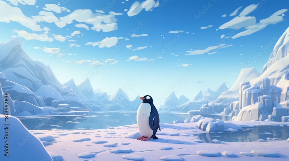 Obraz premium Penguin waddling comically flat design side view icy terrain theme 3D render Splitcomplementary color scheme