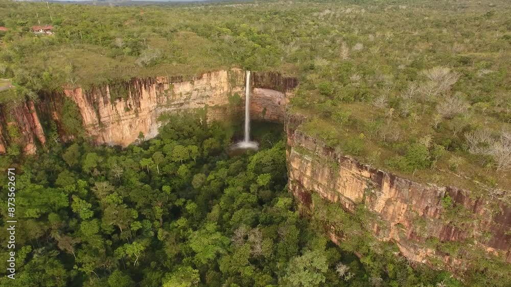 Aerial view of Véu de Noiva Waterfall, Chapada dos Guimarães National Park - Chapada dos Guimarães, Mato Grosso, Brazil Aerial view of Véu de Noiva Waterfall, Chapada dos Guimarães National Park - Chapada dos Guimarães, Mato Grosso, Brazil