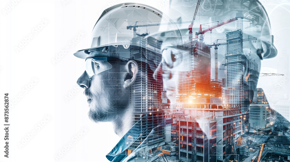Visionary Architects: A double exposure image of two construction workers, their profiles superimposed over a bustling cityscape, symbolizes their vision and dedication to building the future. Visionary Architects: A double exposure image of two construction workers, their profiles superimposed over a bustling cityscape, symbolizes their vision and dedication to building the future.