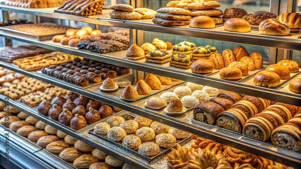 Freshly baked assortment of pastries, breads, and cookies in a bakery display case, pastries, breads, cookies Freshly baked assortment of pastries, breads, and cookies in a bakery display case, pastries, breads, cookies