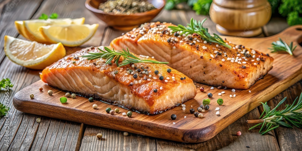 Grilled salmon fillet portions with sesame seeds and herbs on wooden board , Grilled salmon, fillet, portions, sesame seeds Grilled salmon fillet portions with sesame seeds and herbs on wooden board , Grilled salmon, fillet, portions, sesame seeds