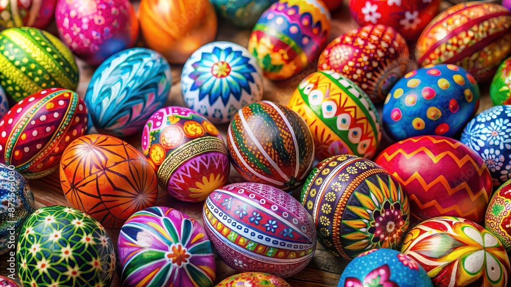 Colorful and patterned Easter eggs symbolizing joy and celebration , Easter, joy, colorful, patterned, holiday, spring