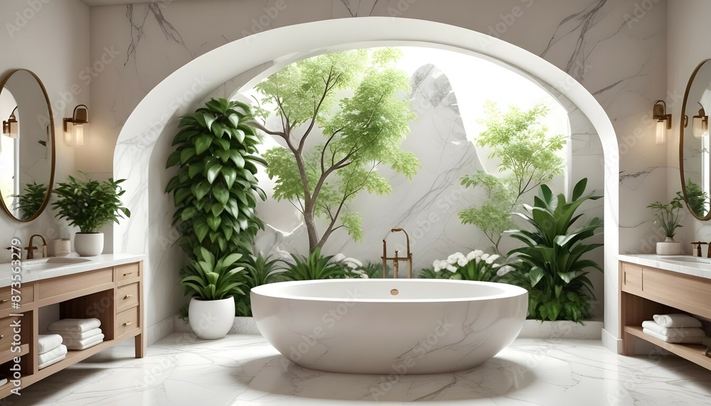 Luxurious Bath Retreat: A serene bathroom featuring a freestanding oval bathtub beneath a stone arch, white marble countertops, and cascading greenery from suspended planters. Luxurious Bath Retreat: A serene bathroom featuring a freestanding oval bathtub beneath a stone arch, white marble countertops, and cascading greenery from suspended planters.