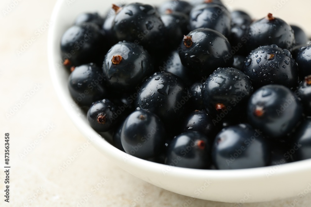 Ripe black currants in bowl on light table, closeup Ripe black currants in bowl on light table, closeup