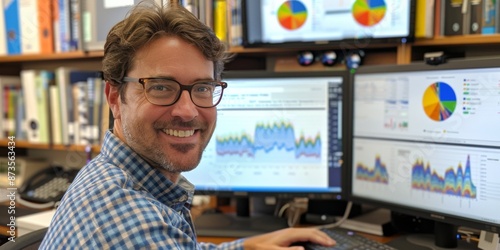 Smiling Man Reviewing Data on Computer Screens in Home Office