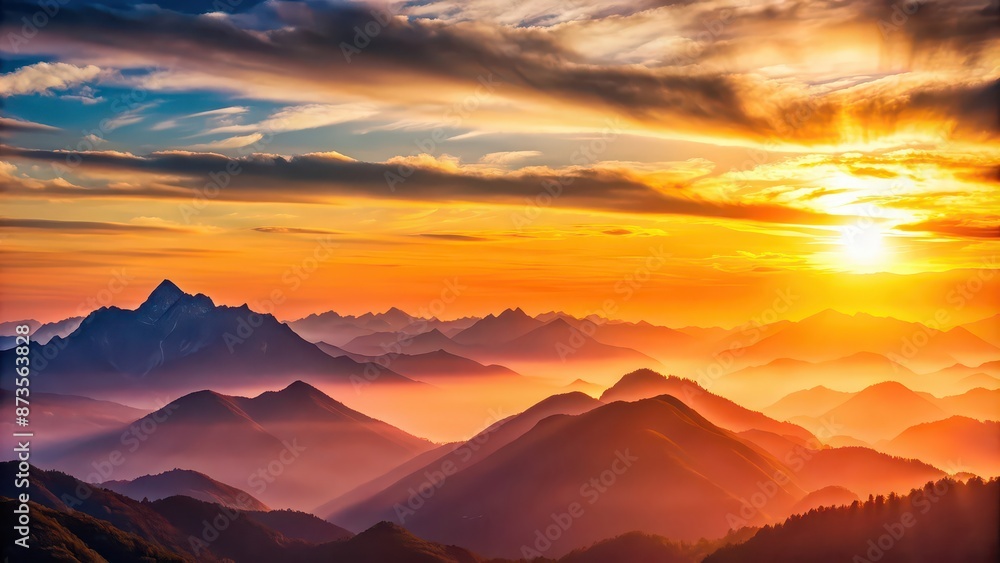 Fototapeta premium Sunset over minimalist mountains with warm colors , sunset, mountains, minimalist, warm, colors, nature, landscape, sky