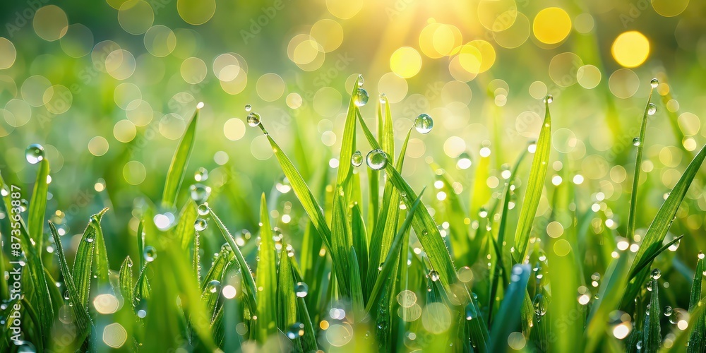 Fototapeta premium Morning dew glistening on green grass , nature, fresh, water droplets, dew drops, sunlight, serene, tranquil, garden