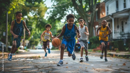 Young basketball player dribbling and running with friends on suburban street photo