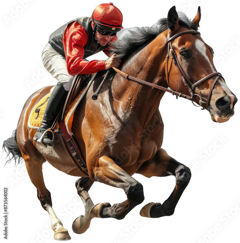 jockey riding a horse on a white background