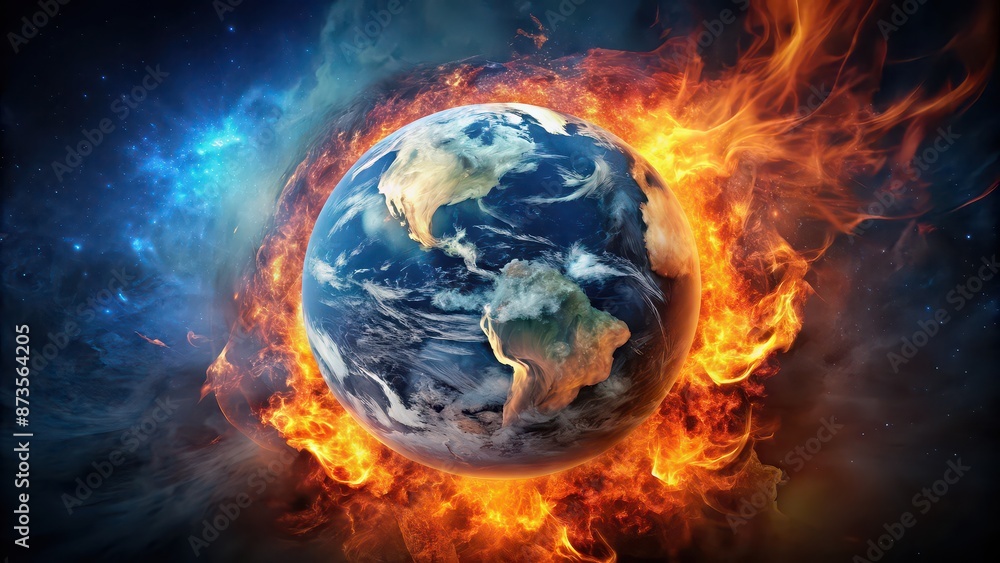 of planet Earth engulfed in flames and smoke, burning, destruction, global warming, climate change, disaster, apocalyptic of planet Earth engulfed in flames and smoke, burning, destruction, global warming, climate change, disaster, apocalyptic
