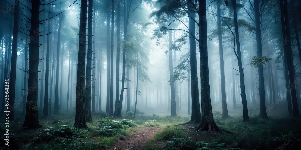 Dark forest shrouded in dense fog , fog, mist, spooky, eerie, atmosphere, trees, nature, wilderness, gloomy, mysterious, misty Dark forest shrouded in dense fog , fog, mist, spooky, eerie, atmosphere, trees, nature, wilderness, gloomy, mysterious, misty