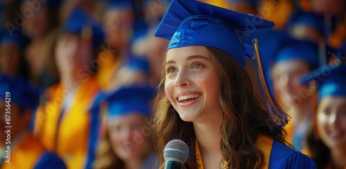 Smiling Graduate With Blue Cap and Gown at Graduation Ceremony