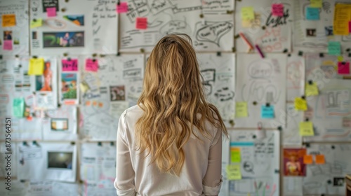 Woman in a brainstorming room with whiteboard walls or boards full of ideas and notes generative ai © ThisDesign