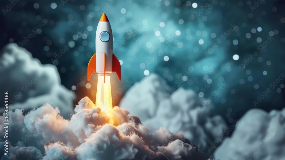 Rocket launching from clouds at night depicting startup business Rocket launching from clouds at night depicting startup business