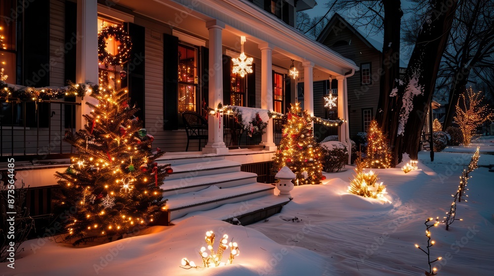 Outdoor Christmas decorations on a snowy night, vibrant lights, high detail, cheerful and festive scene, high resolution, decorated trees and wreaths, warm glow from house windows Outdoor Christmas decorations on a snowy night, vibrant lights, high detail, cheerful and festive scene, high resolution, decorated trees and wreaths, warm glow from house windows