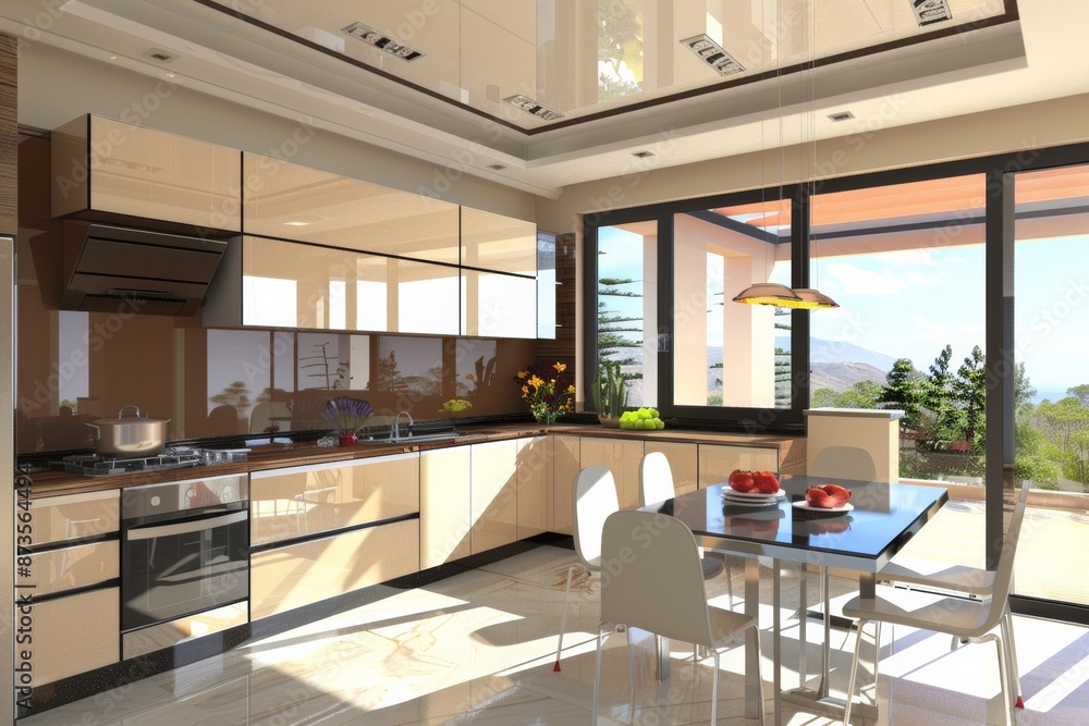 modern kitchen and dining room with a beautiful view modern kitchen and dining room with a beautiful view