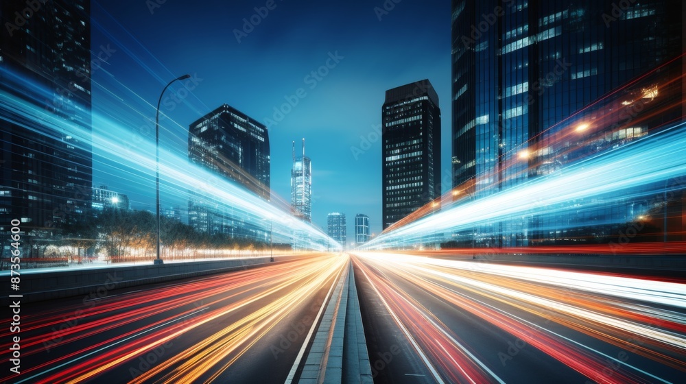 Light trails on the modern building background. Light trails at night in urban environment, Abstract Motion Blur City, traffic, transportation, street, road, speed Light trails on the modern building background. Light trails at night in urban environment, Abstract Motion Blur City, traffic, transportation, street, road, speed
