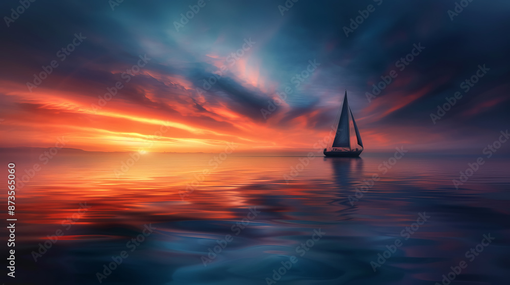Fototapeta premium Sailboat gliding peacefully on calm waters under a vibrant sunset with colorful clouds, creating a serene and picturesque seascape.