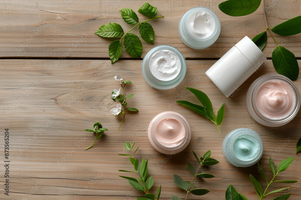 Natural skincare products arranged on a wooden surface surrounded by green leaves and flowers. Top view of eco-friendly beauty essentials. Natural skincare products arranged on a wooden surface surrounded by green leaves and flowers. Top view of eco-friendly beauty essentials.