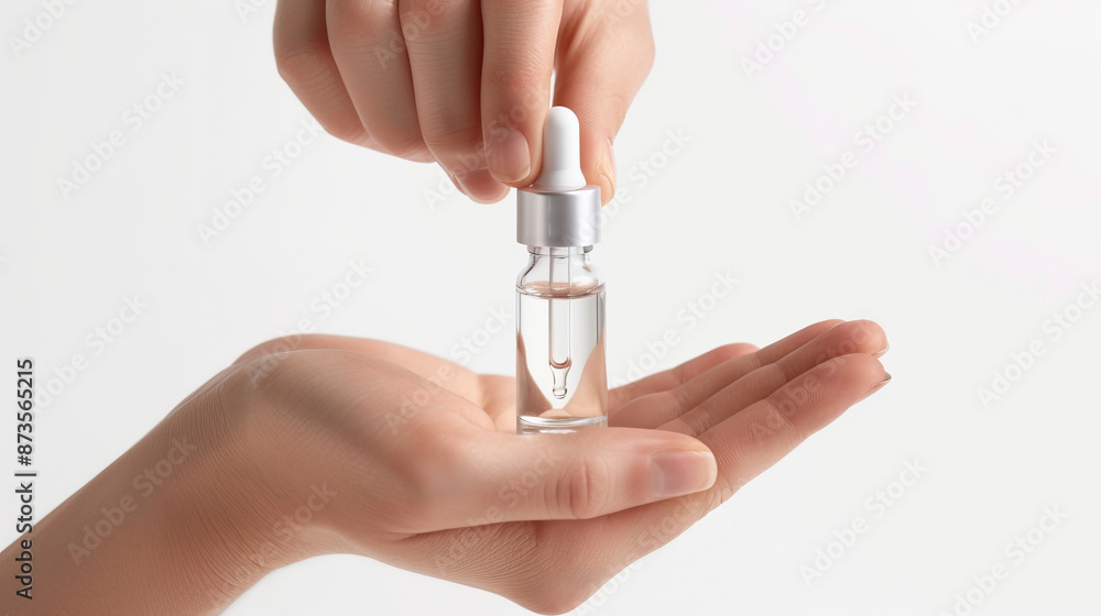 Hand holding a glass dropper bottle with a clear liquid, symbolizing skincare or beauty serum, set against a white background. Hand holding a glass dropper bottle with a clear liquid, symbolizing skincare or beauty serum, set against a white background.
