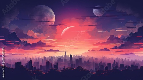 Futuristic Cityscape with Neon Lights and Planets photo