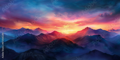 A breathtaking digital painting of a colorful mountain range at sunset with vibrant skies and majestic peaks.