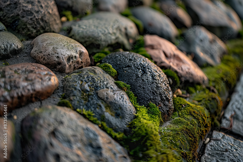 Close-up of a moss-covered cobblestone path with textured stones in various shades of gray and brown, showcasing natural, rugged beauty. Close-up of a moss-covered cobblestone path with textured stones in various shades of gray and brown, showcasing natural, rugged beauty.