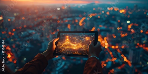 Person Using Tablet With Digital World Map Displayed Against City Lights at N...