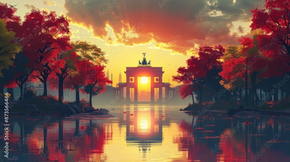 Fototapeta premium Vintage travel poster of Berlin, flat design of Brandenburg Gate, street art and vibrant nightlife,