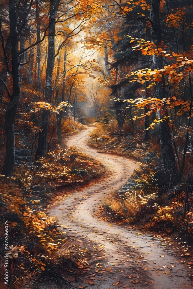 Obraz premium Winding Autumn Forest Path Illuminated by Golden Glow in Enchanting Rustic Landscape