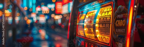 Close Up Of Slot Machine Reels Spinning In Casino At Night