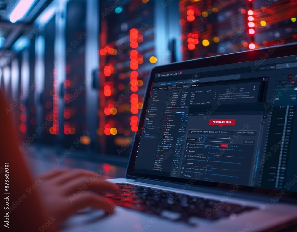 Programmer working on laptop with software in datacenter with servers Programmer working on laptop with software in datacenter with servers