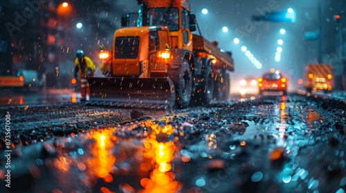 Nighttime Road Construction in the Rain - Generative AI photo